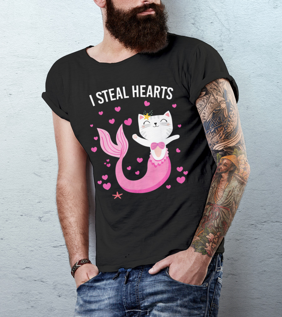 I Steal Hearts Purrmaid Cat Mermaid With Pink Hearts T-Shirt