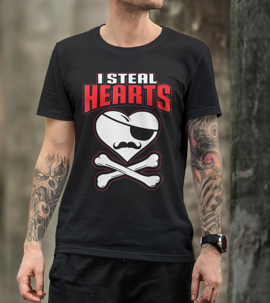 I Steal Hearts Pirate Mustache Crossbones Valentine T-Shirt