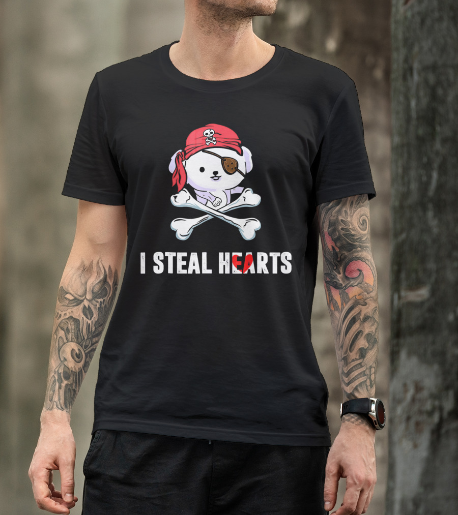 I Steal Hearts Bichon Frise Pirate With Eye Patch And Crossbones T-Shirt
