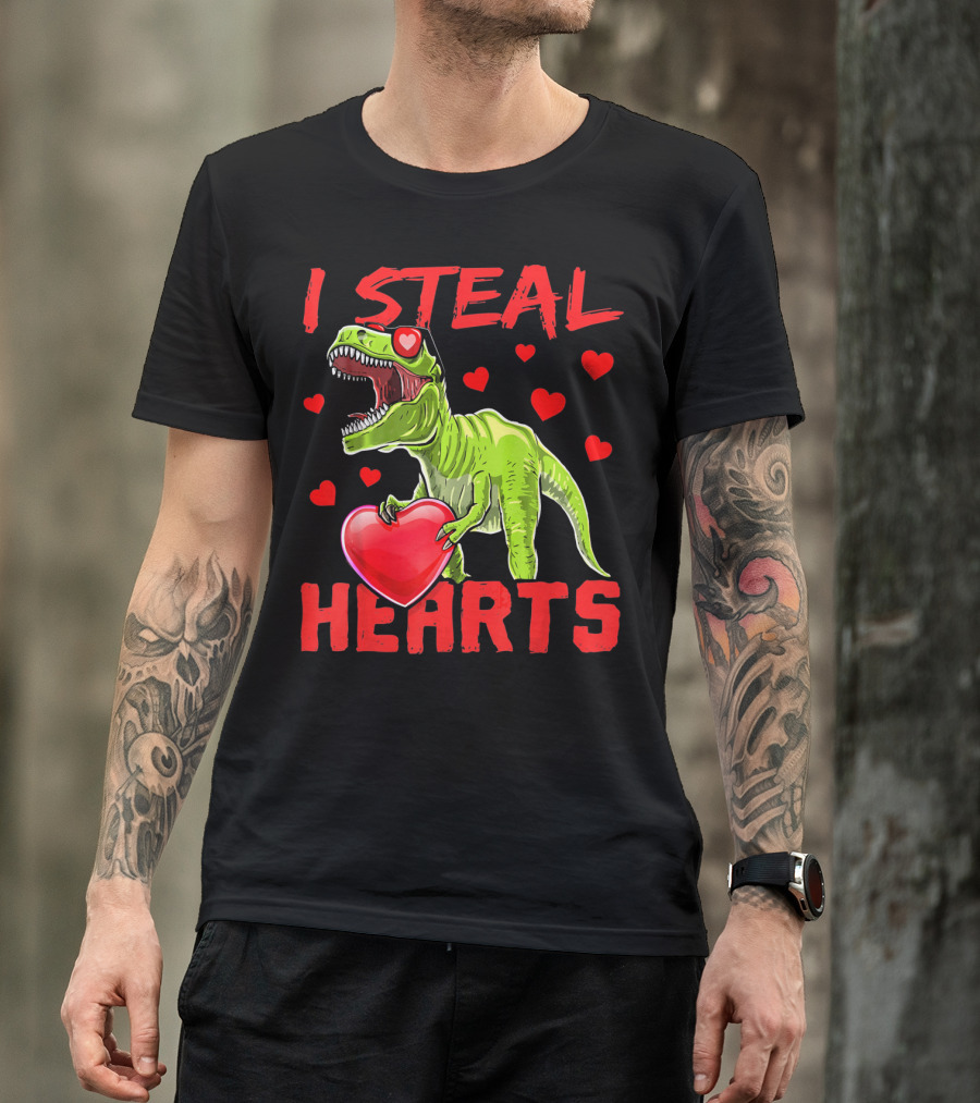 I Steal Hearts Valentines Day Rex Dino Holding Heart Surrounded By Hearts T-Shirt