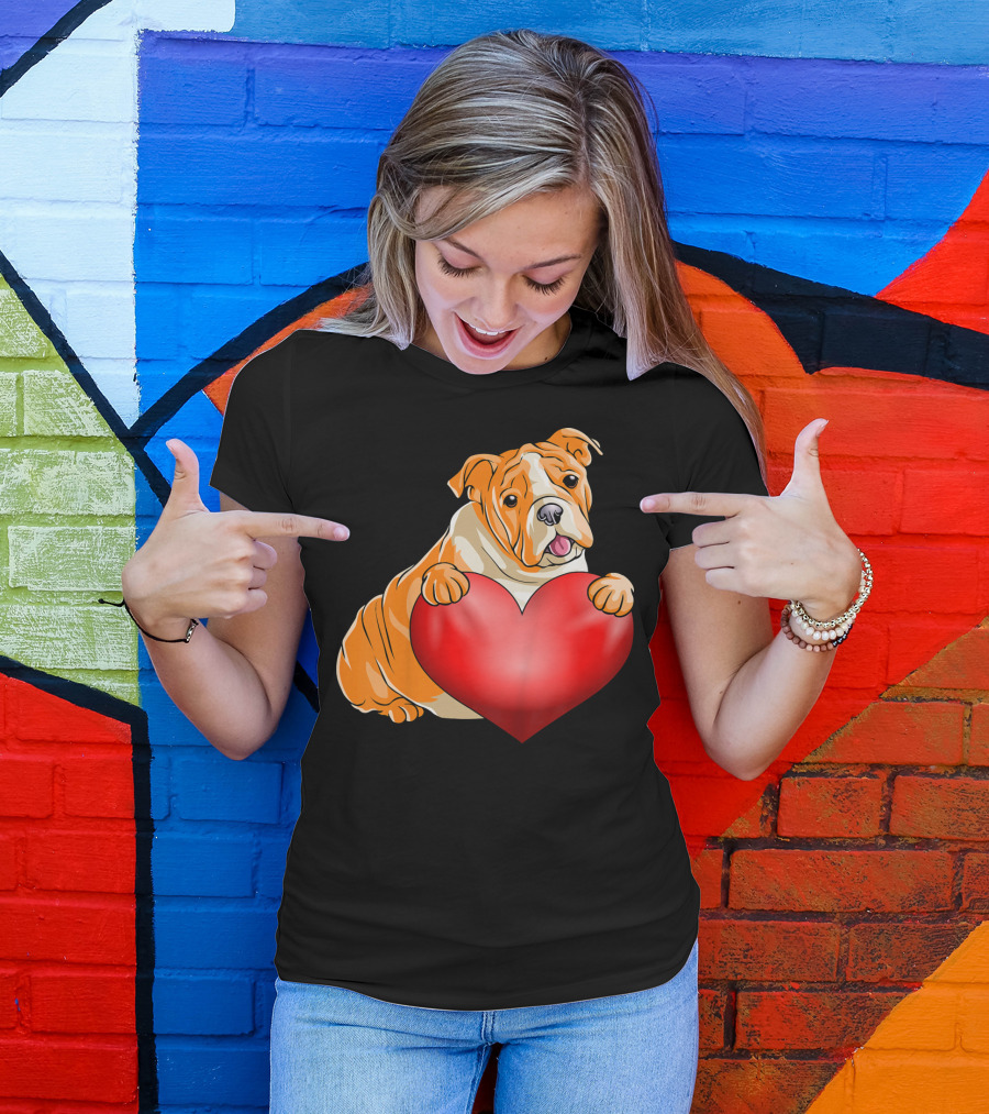 Kids Valentines Day Bulldog Heart Dog T-Shirt