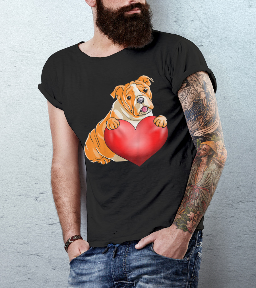 Kids Valentines Day Bulldog Heart Dog T-Shirt