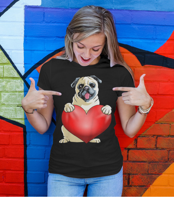 Kids Valentines Day Pug Dog Heart T-Shirt