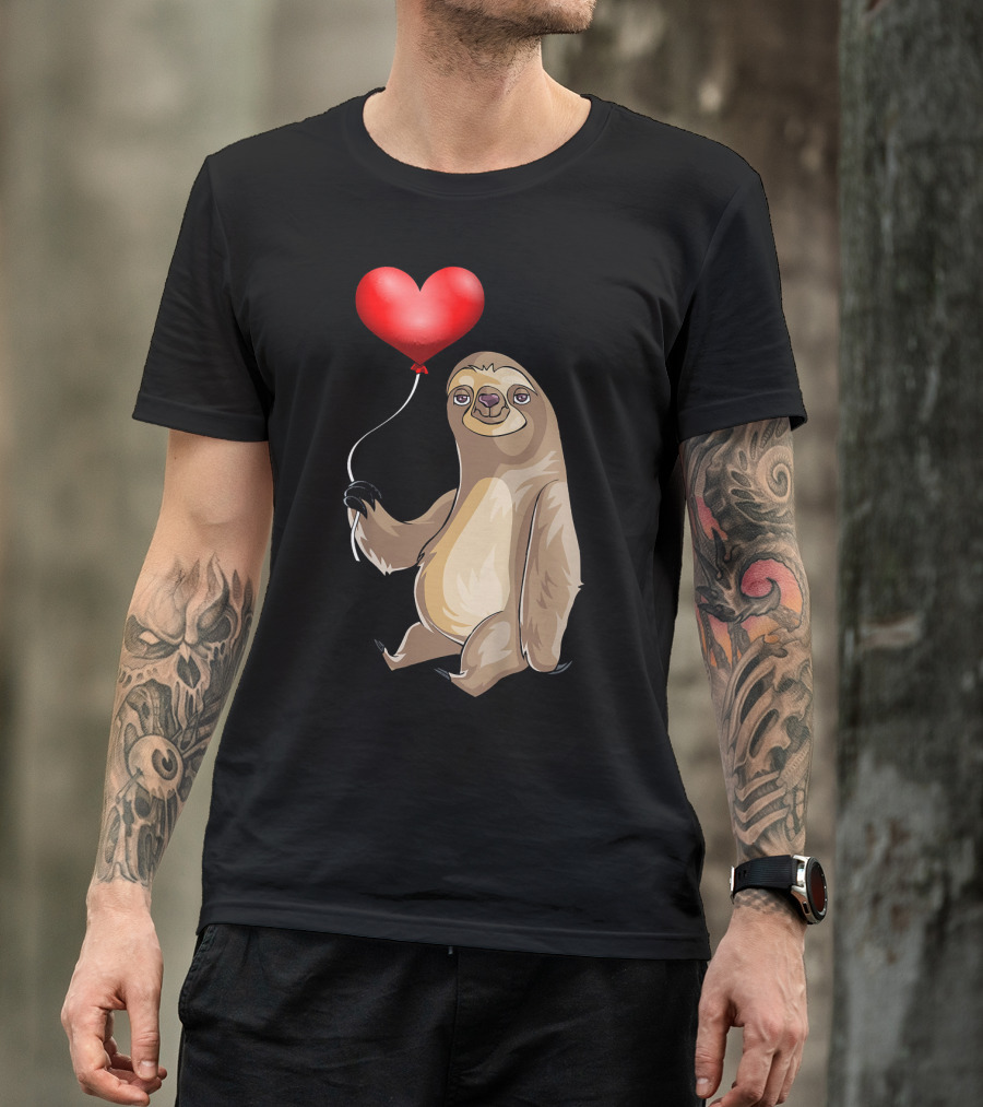 Kids Valentines Day Sloth Holding Heart Balloon T-Shirt