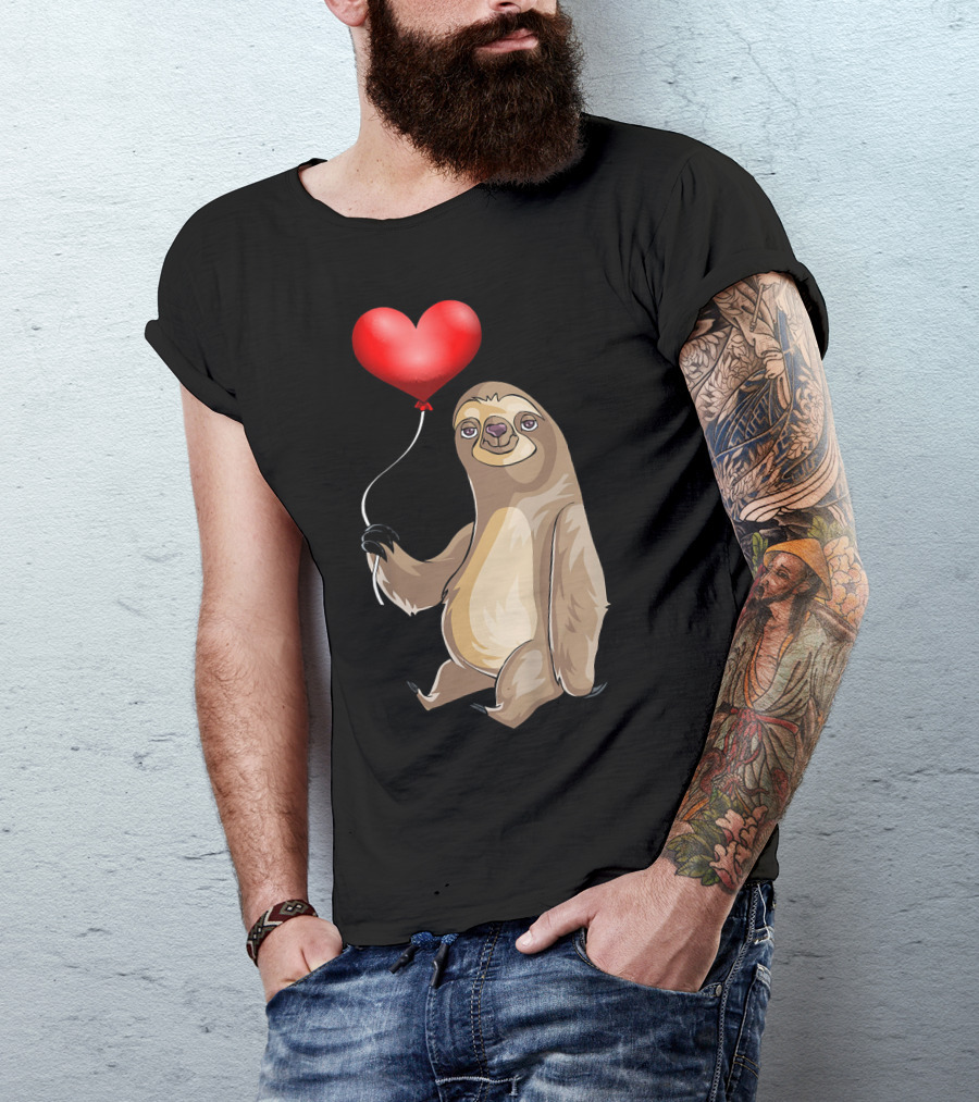 Kids Valentines Day Sloth Holding Heart Balloon T-Shirt