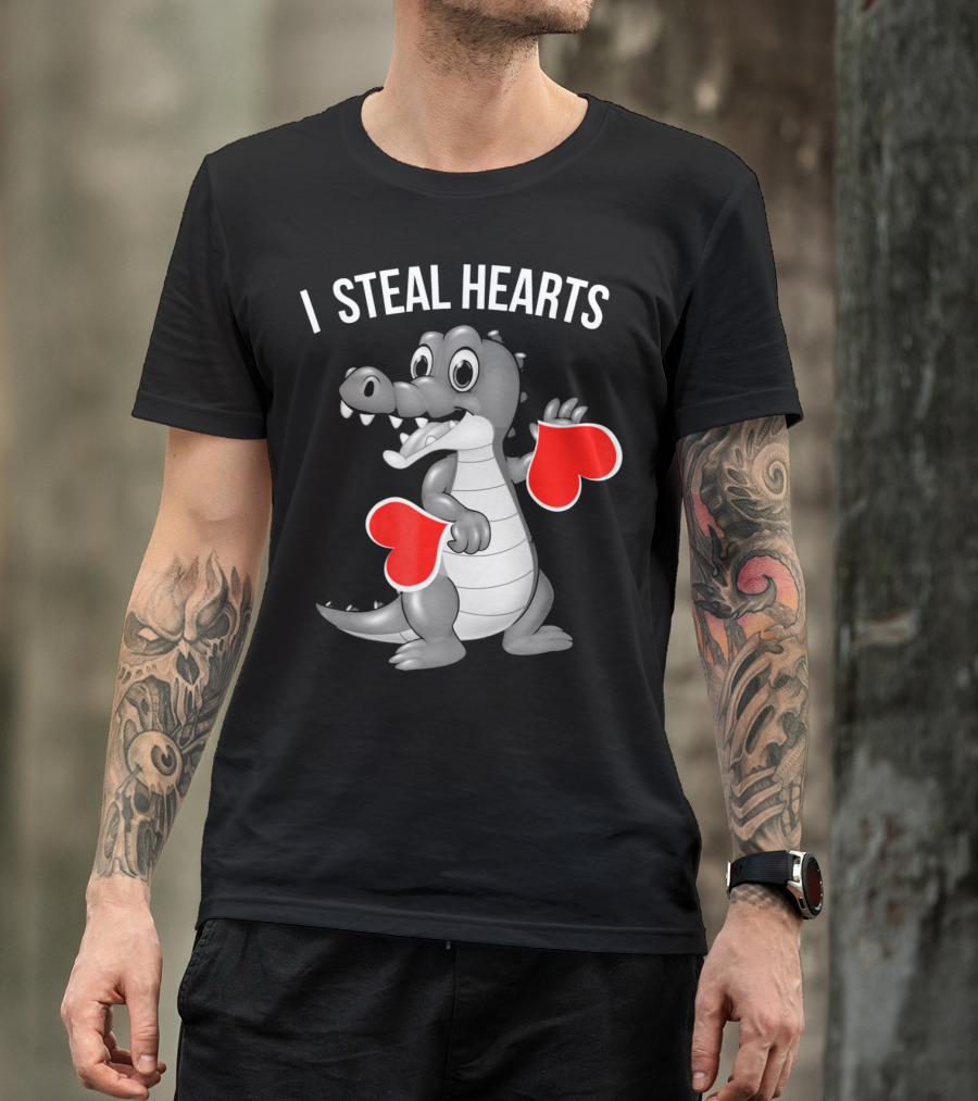 Kids Valentines Day I Steal Hearts Crocodile Holding Red Hearts T-Shirt