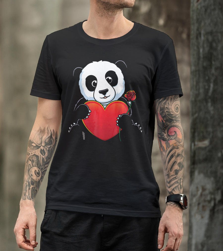 Panda Bear Holding Heart And Rose Valentines Day Love T-Shirt