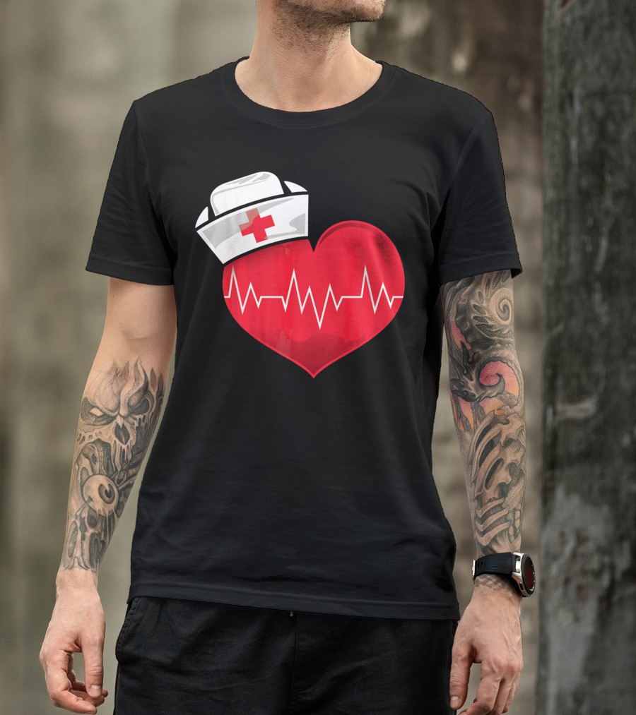 Nurse Heartbeat Valentine Costume With White Nurse Hat And Red Heartbeat Line T-Shirt