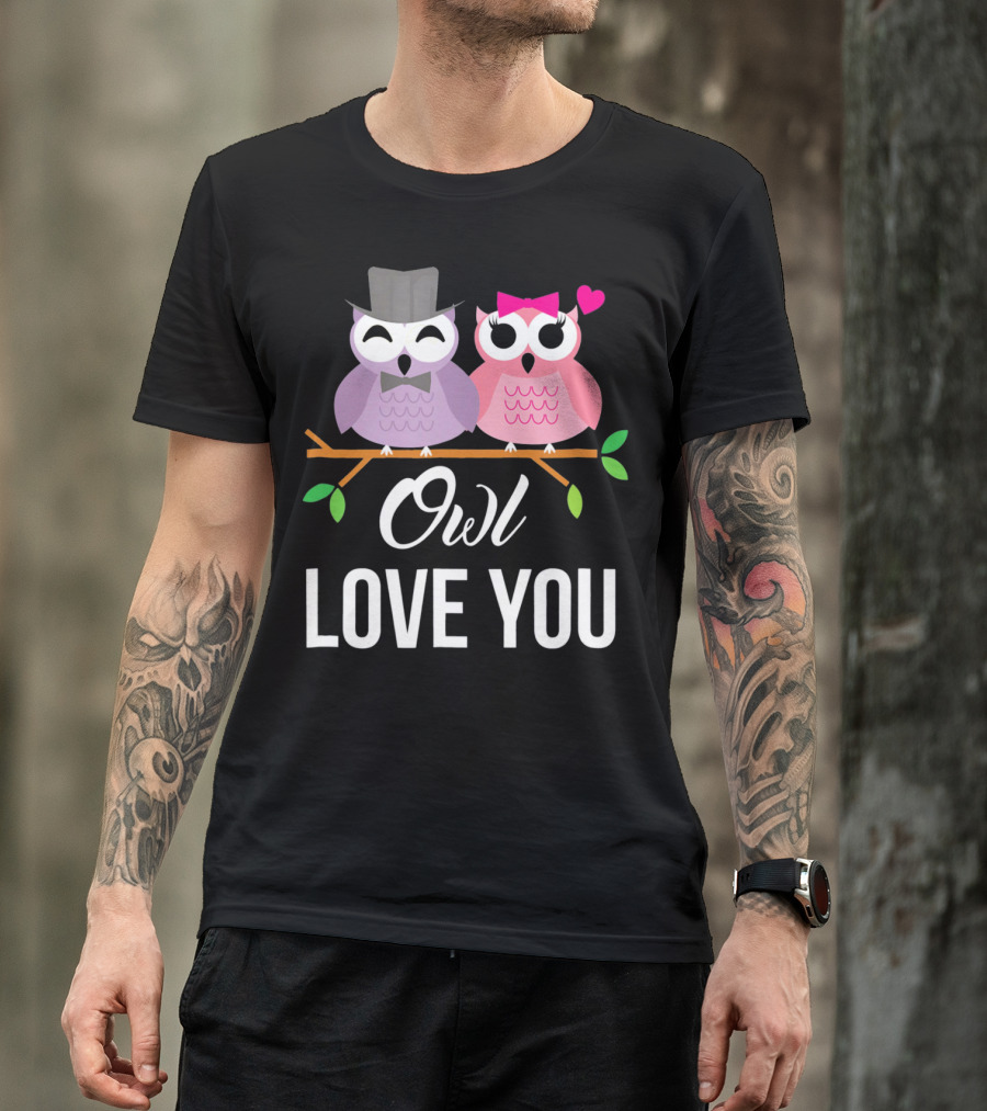 Owl Love You Valentines Pink And Purple Owls With Hats And Heart T-Shirt