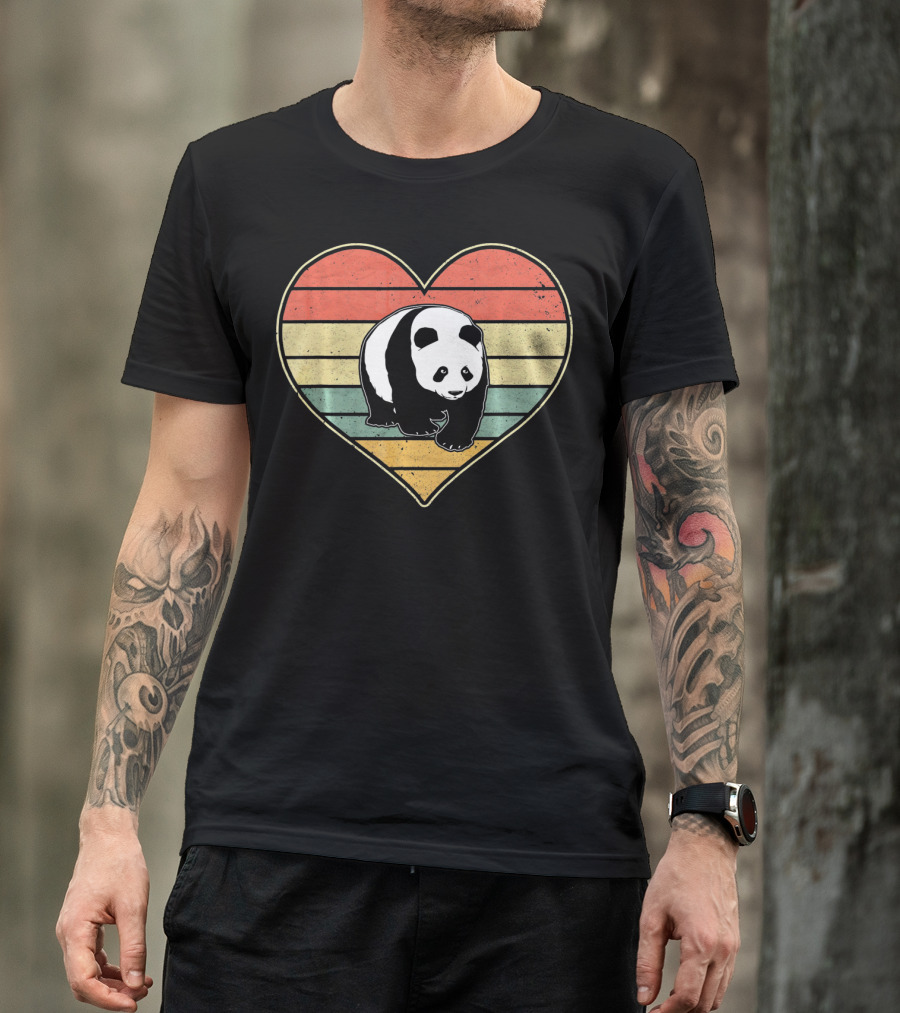 Panda Bear Vintage Heart Retro Stripes T-Shirt