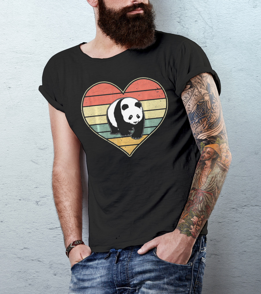 Panda Bear Vintage Heart Retro Stripes T-Shirt