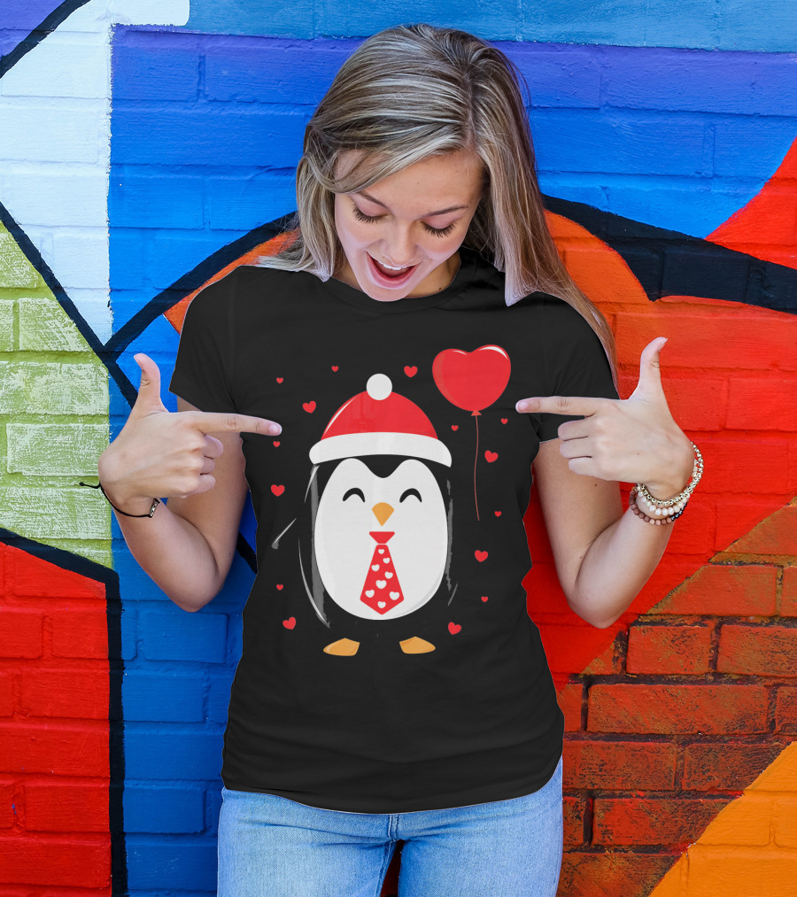 Penguin Valentines Day Heart Balloon Santa Hat And Hearts T-Shirt