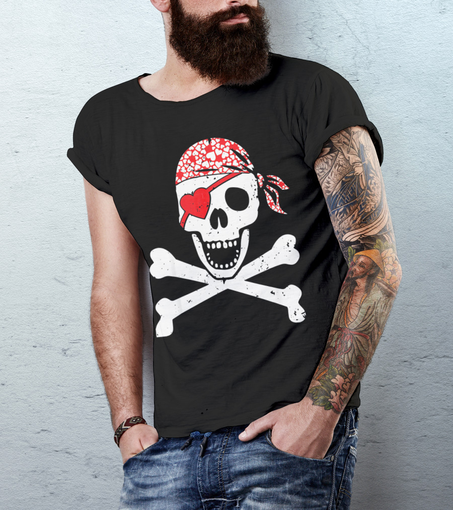 Pirate Skull And Crossbones Heart Bandana Eye Patch Flag Va T-Shirt