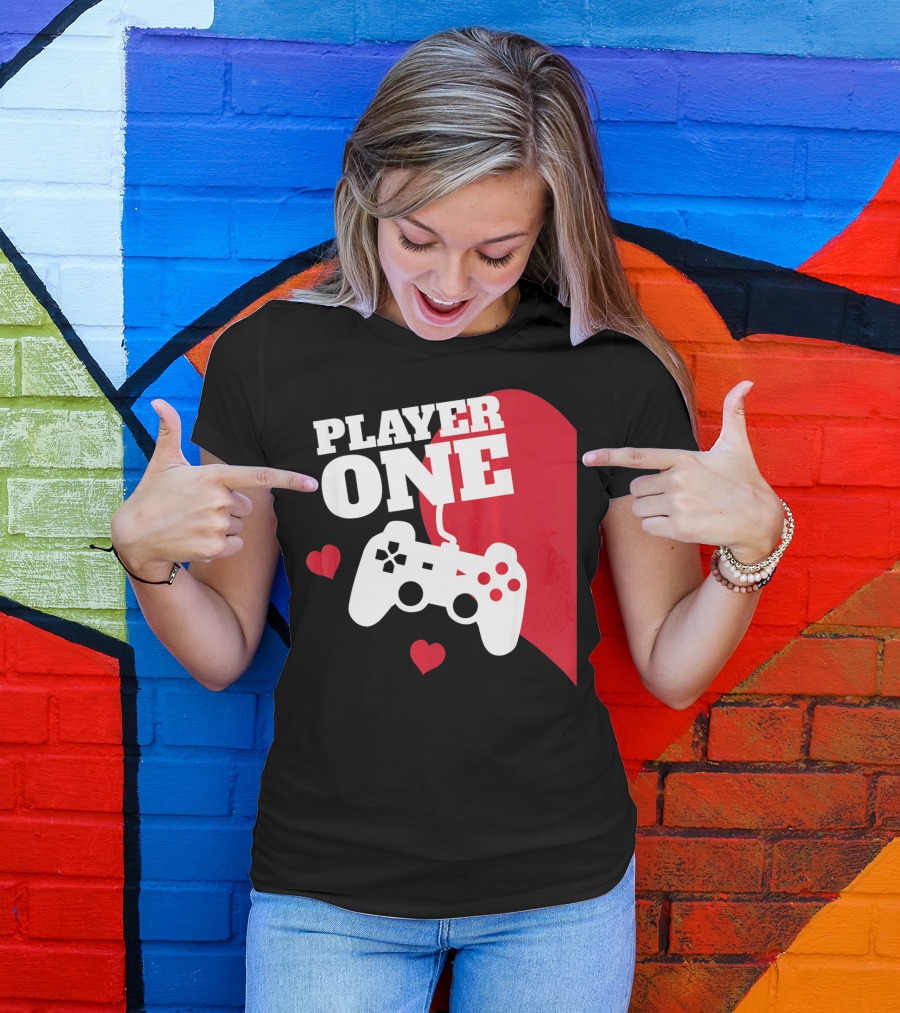 Player One Valentines Day Gamer Controller Hearts T-Shirt