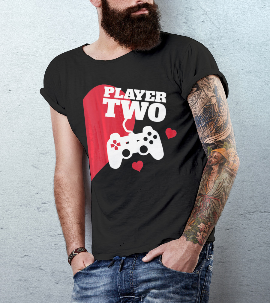 Player Two Valentine With Game Controller And Hearts T-Shirt
