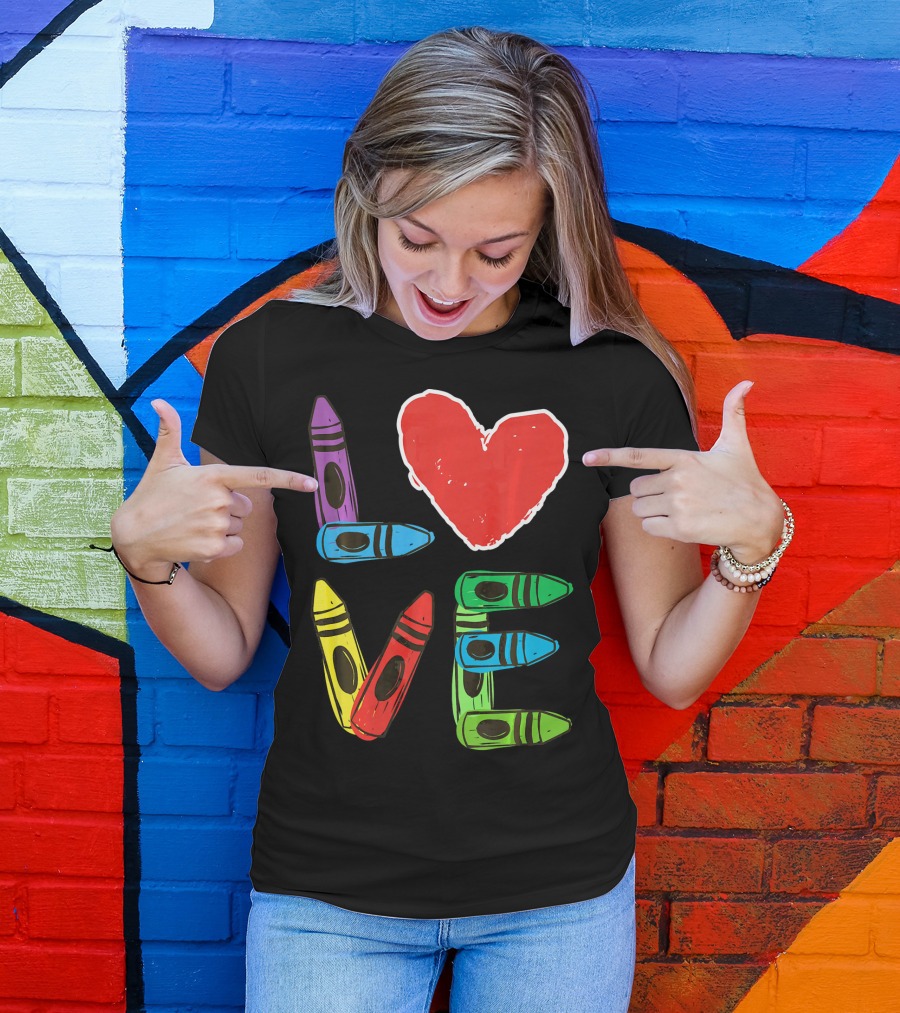 Love Crayon Heart Preschool Teacher Valentines Day T-Shirt
