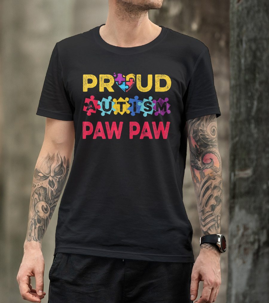 Proud Autism Paw Paw Valentine's Heart Puzzle T-Shirt