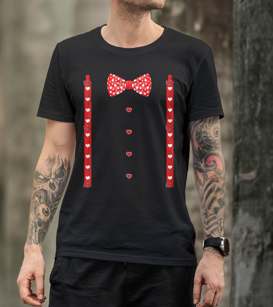 Red Hearts Bow Tie And Suspenders Valentine T-Shirt