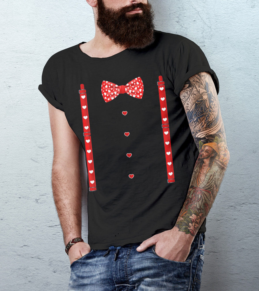 Red Hearts Bow Tie And Suspenders Valentine T-Shirt