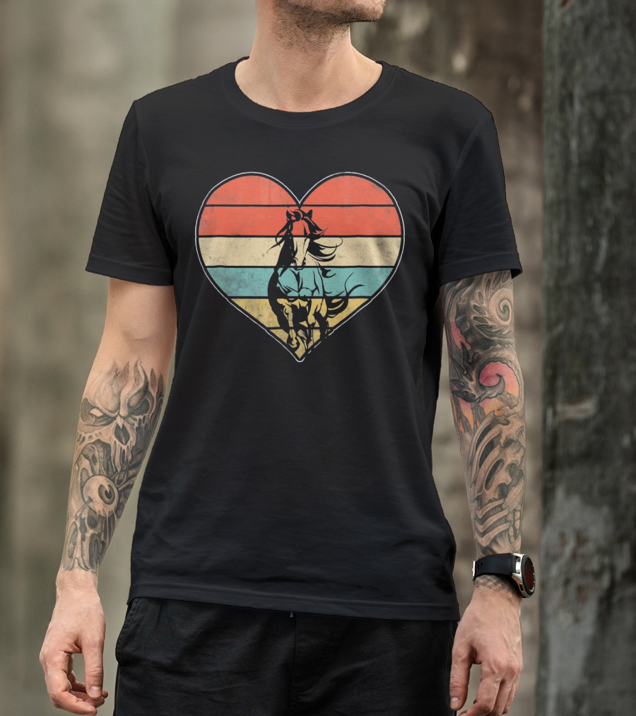 Vintage Retro Horse Heart Valentine's Day Stripes T-Shirt