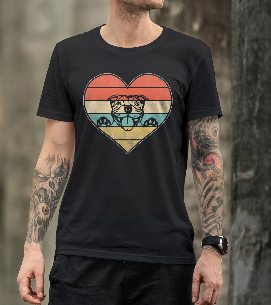 Retro Vintage Pit Bull Heart Valentine Stripes T-Shirt