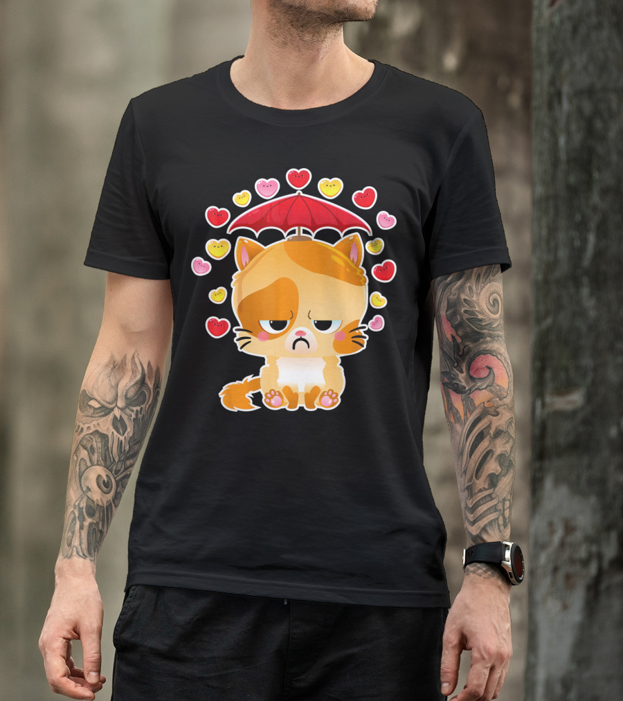 Sad Cat Under Umbrella With Raining Hearts Valentine's Day T-Shirt