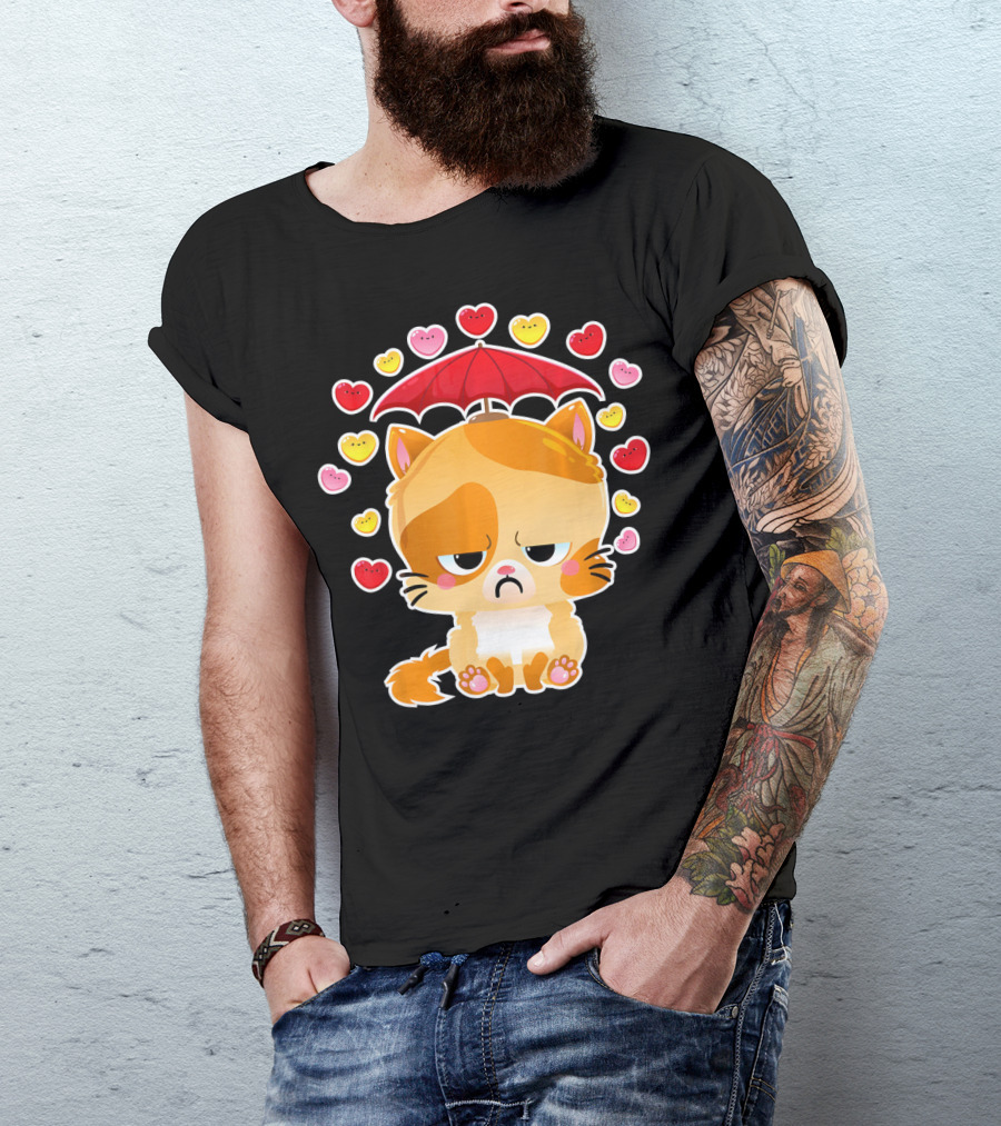 Sad Cat Under Umbrella With Raining Hearts Valentine's Day T-Shirt