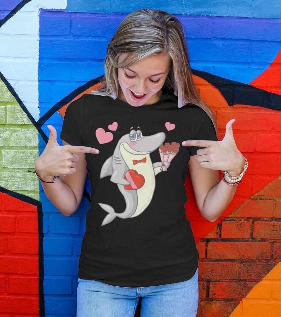 Shark Holding Heart Box And Bouquet With Hearts Valentine T-Shirt