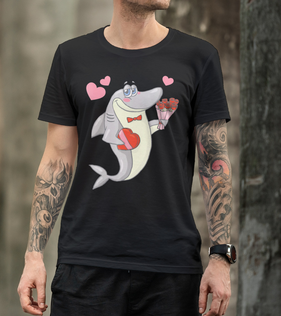 Shark Holding Heart Box And Bouquet With Hearts Valentine T-Shirt