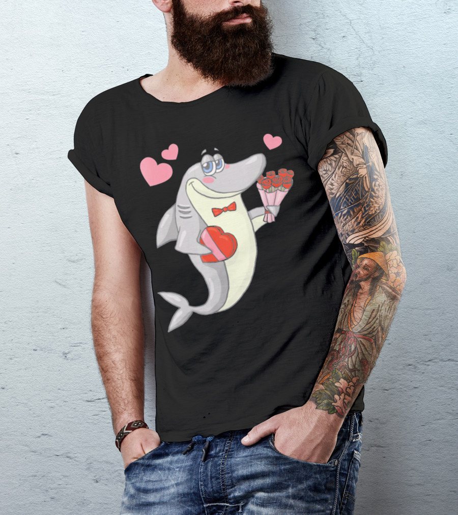 Shark Holding Heart Box And Bouquet With Hearts Valentine T-Shirt