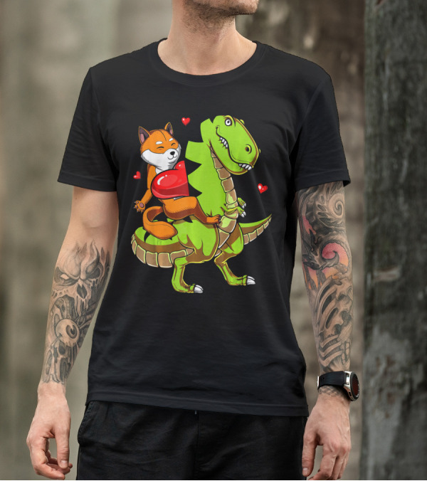 Shiba Inu Riding Green T-Rex Dinosaur With Red Hearts T-Shirt