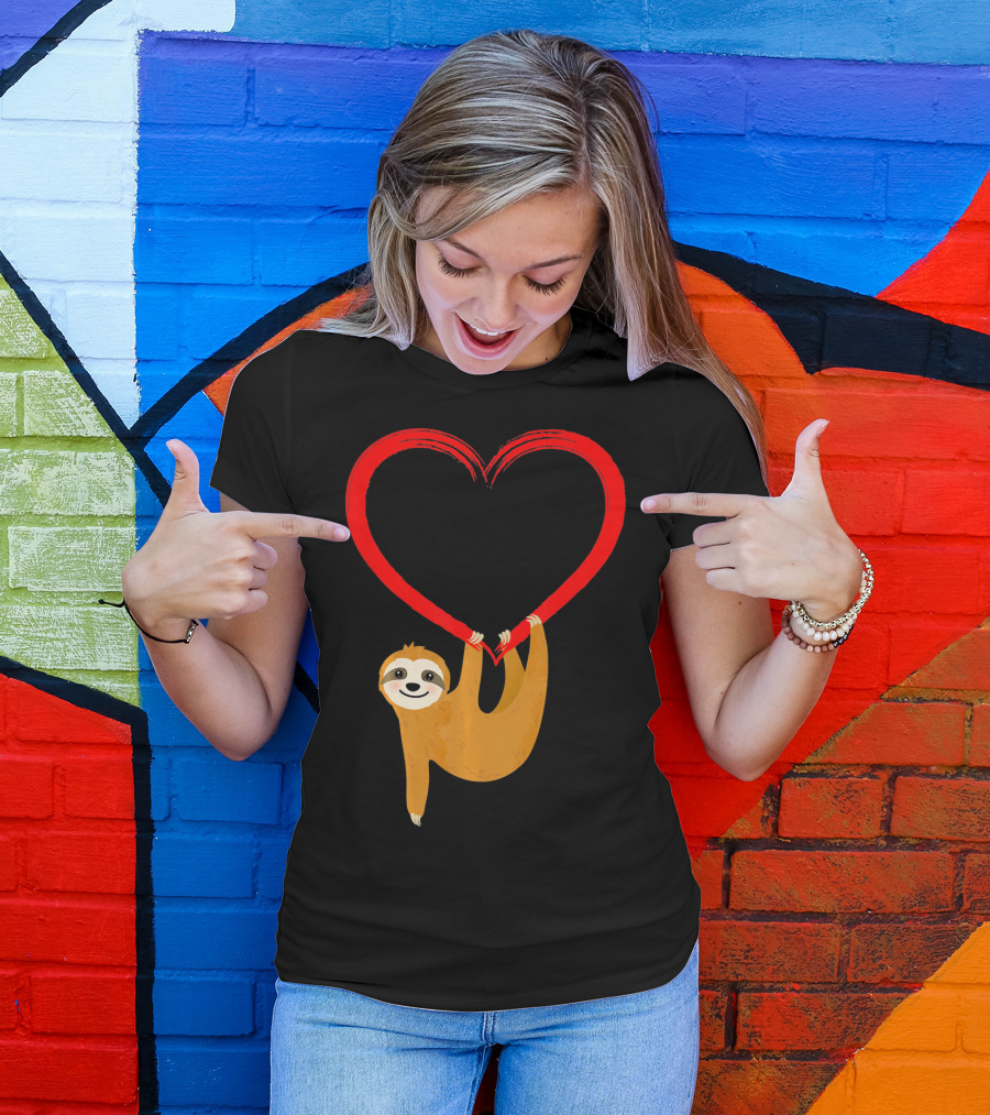Valentines Day Sloth Hanging On Heart T-Shirt