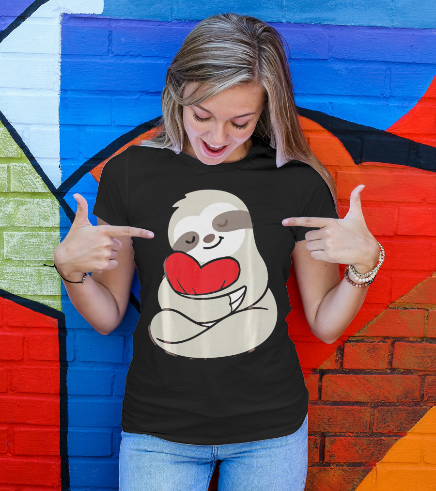 Sloth Hugging Heart Love Valentines T-Shirt