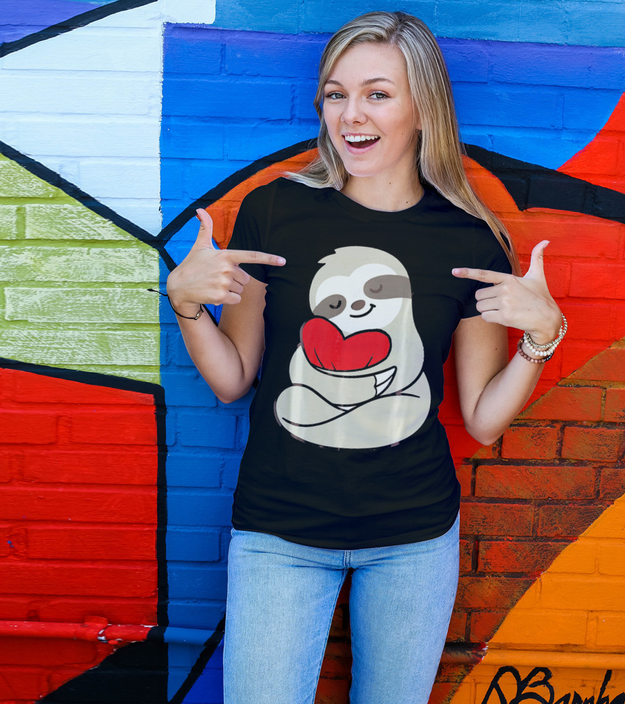 Sloth Hugging Heart Love Valentines T-Shirt