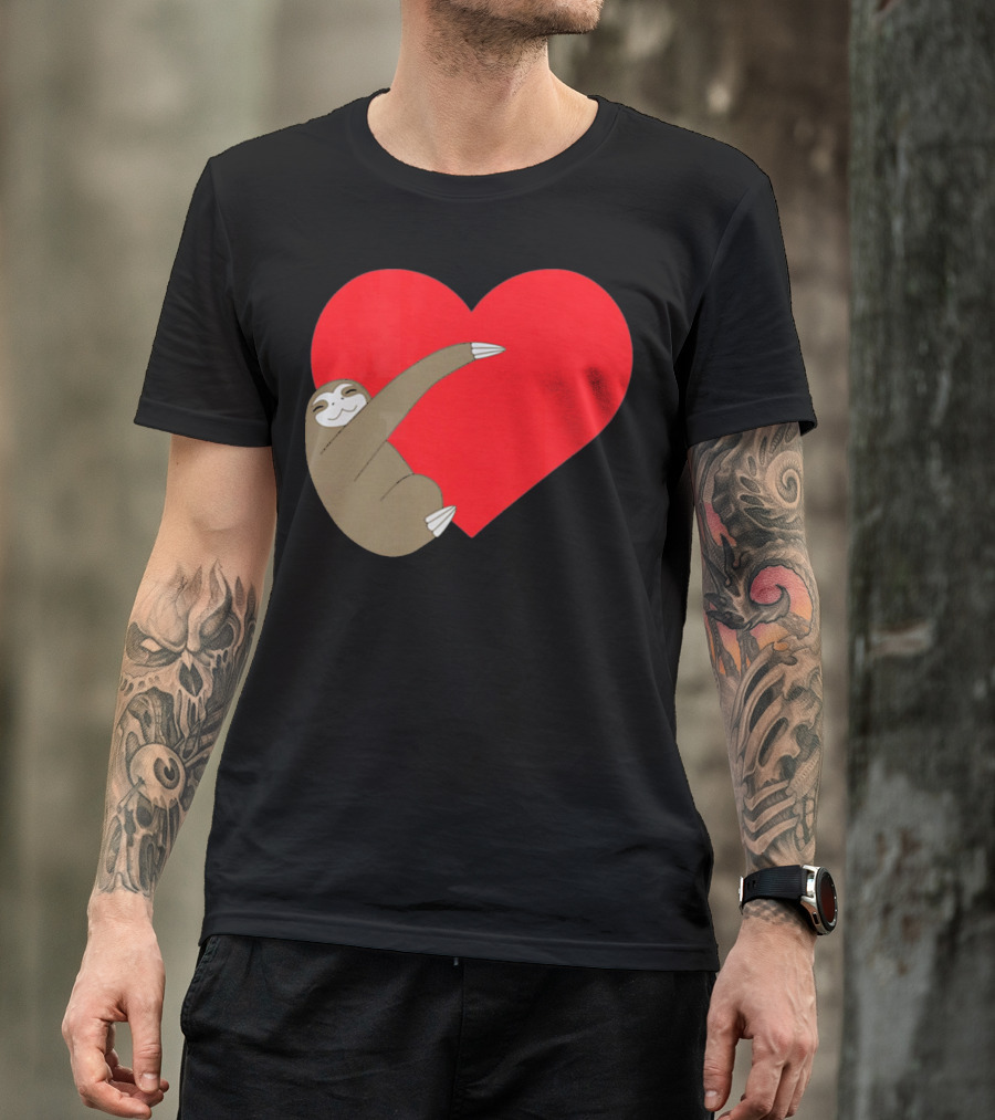 Sloth Hugging Heart Cute Pocket Va T-Shirt