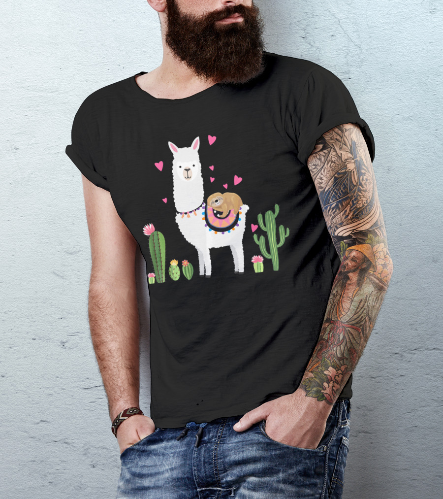 Sloth Riding Llama Heart Cactus Funny Va T-Shirt