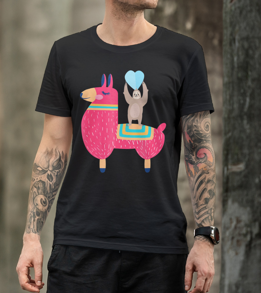 Sloth Riding Llama With Heart Balloon T-Shirt