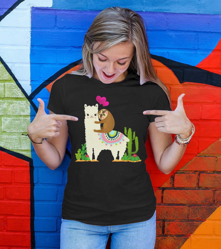 Sloth Riding Llama With Pink Hearts And Cactus Funny Valentin T-Shirt