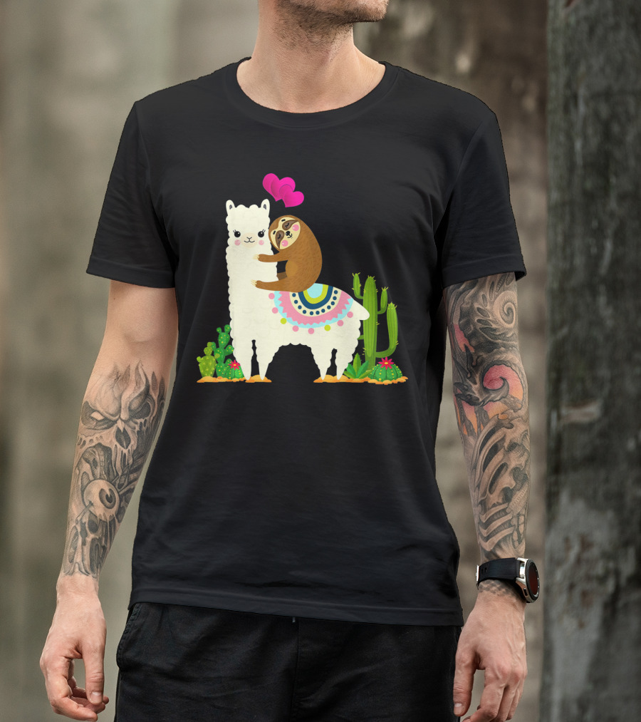 Sloth Riding Llama With Pink Hearts And Cactus Funny Valentin T-Shirt
