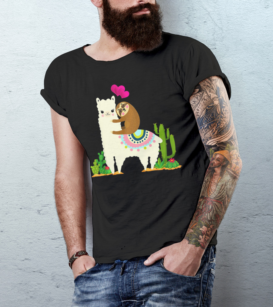 Sloth Riding Llama With Pink Hearts And Cactus Funny Valentin T-Shirt