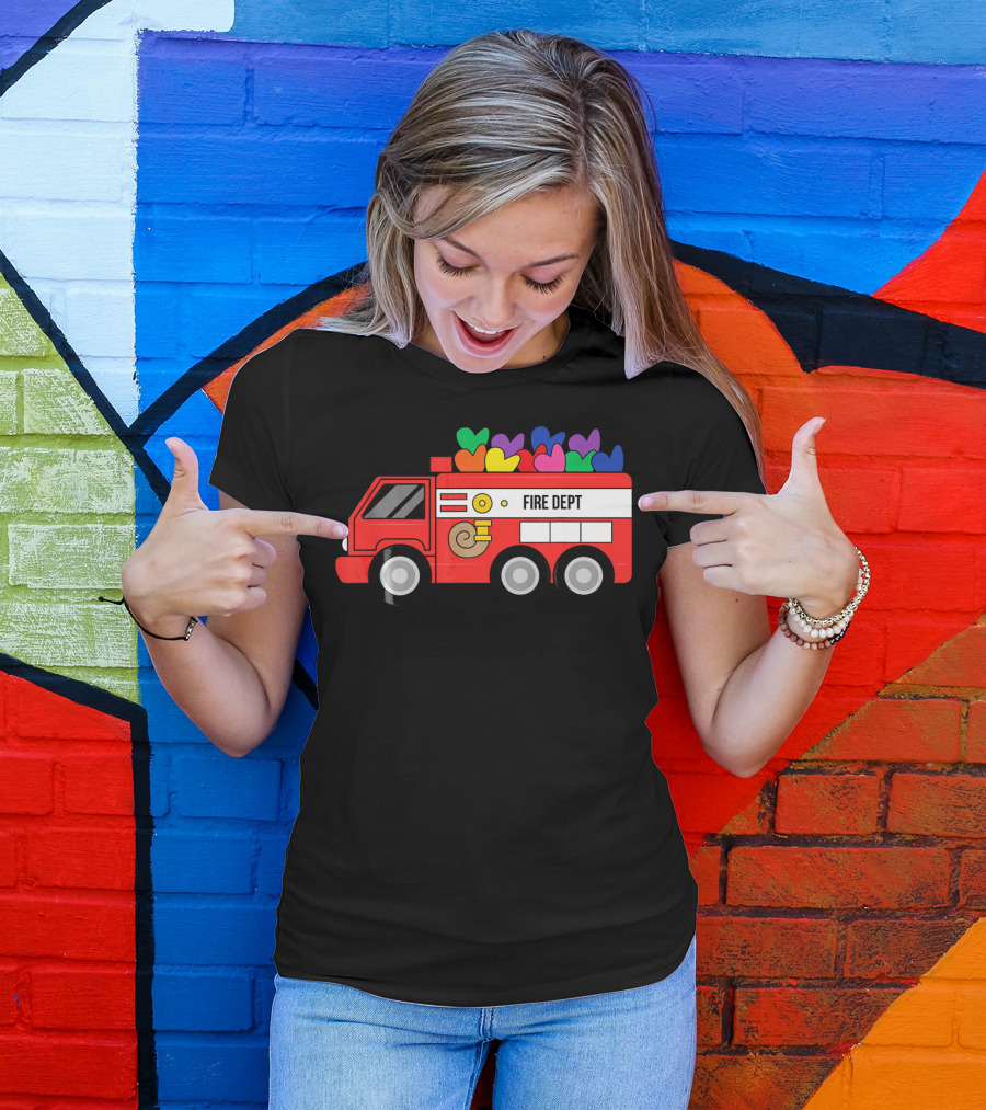 Fire Dept Valentine Hearts Sloth Fire Truck T-Shirt