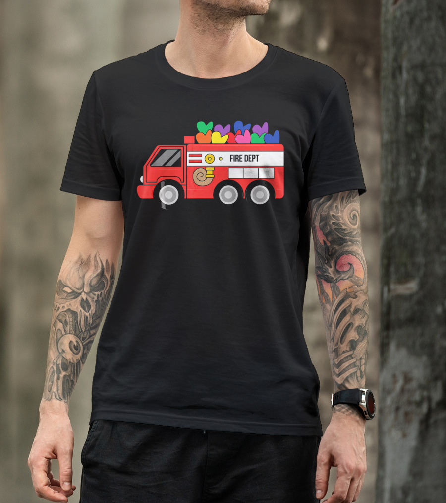 Fire Dept Valentine Hearts Sloth Fire Truck T-Shirt