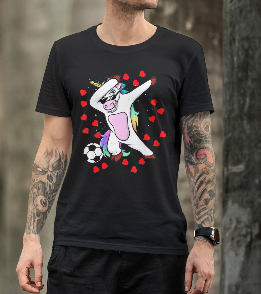 Soccer Is My Valentine Unicorn Dabbing Surrounded By Hearts T-Shirt