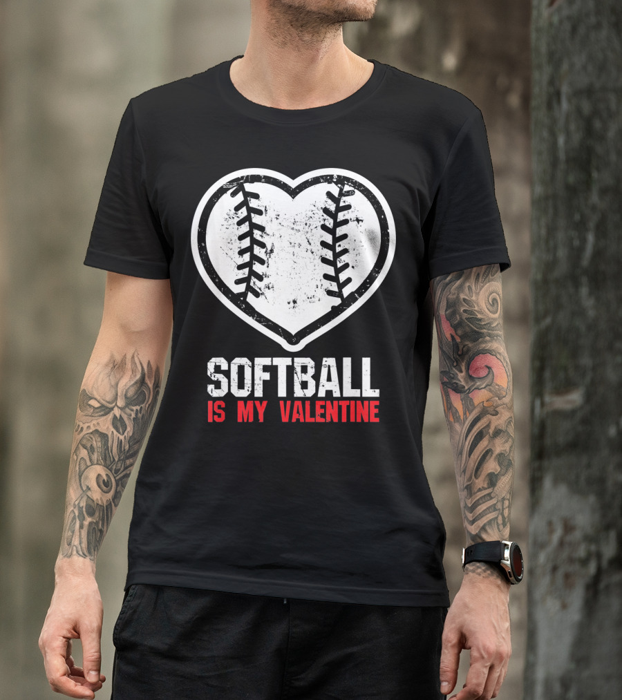 Softball Is My Valentine Heartball Stitching T-Shirt