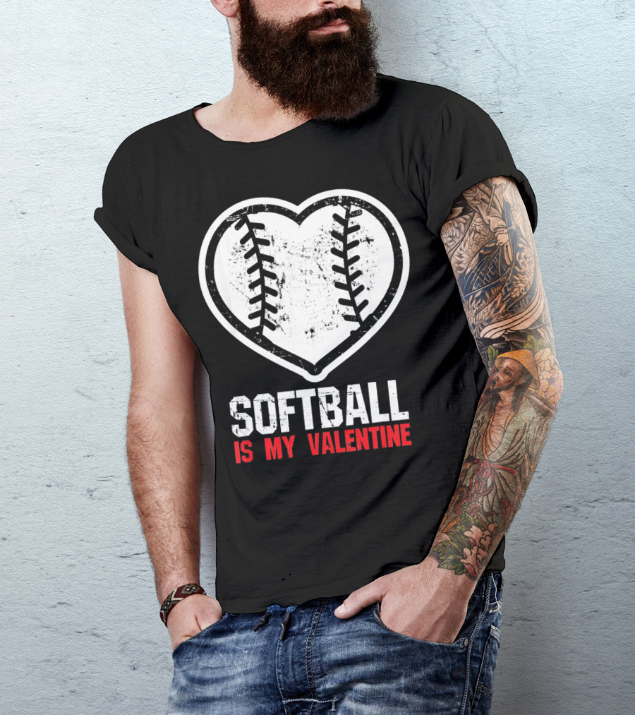 Softball Is My Valentine Heartball Stitching T-Shirt