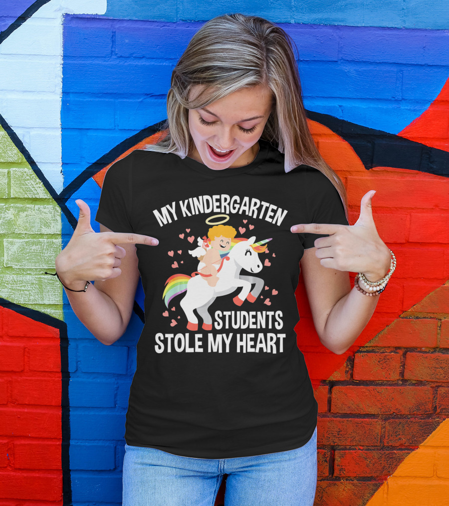 My Kindergarten Students Stole My Heart Cupid Heart Unicorn Valentine T-Shirt
