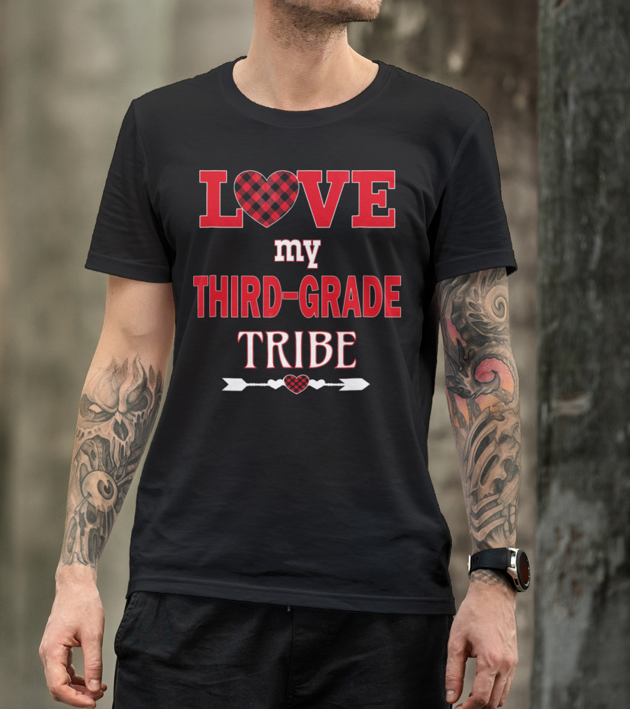 Love My Third-Grade Tribe Buffalo Plaid Heart Arrow T-Shirt
