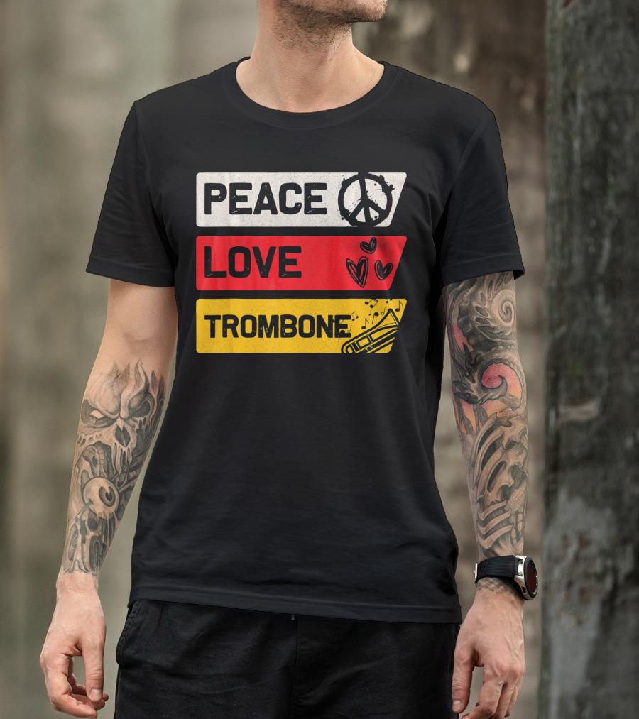 Peace Sign Love Heart Trombone Music Symbols T-Shirt