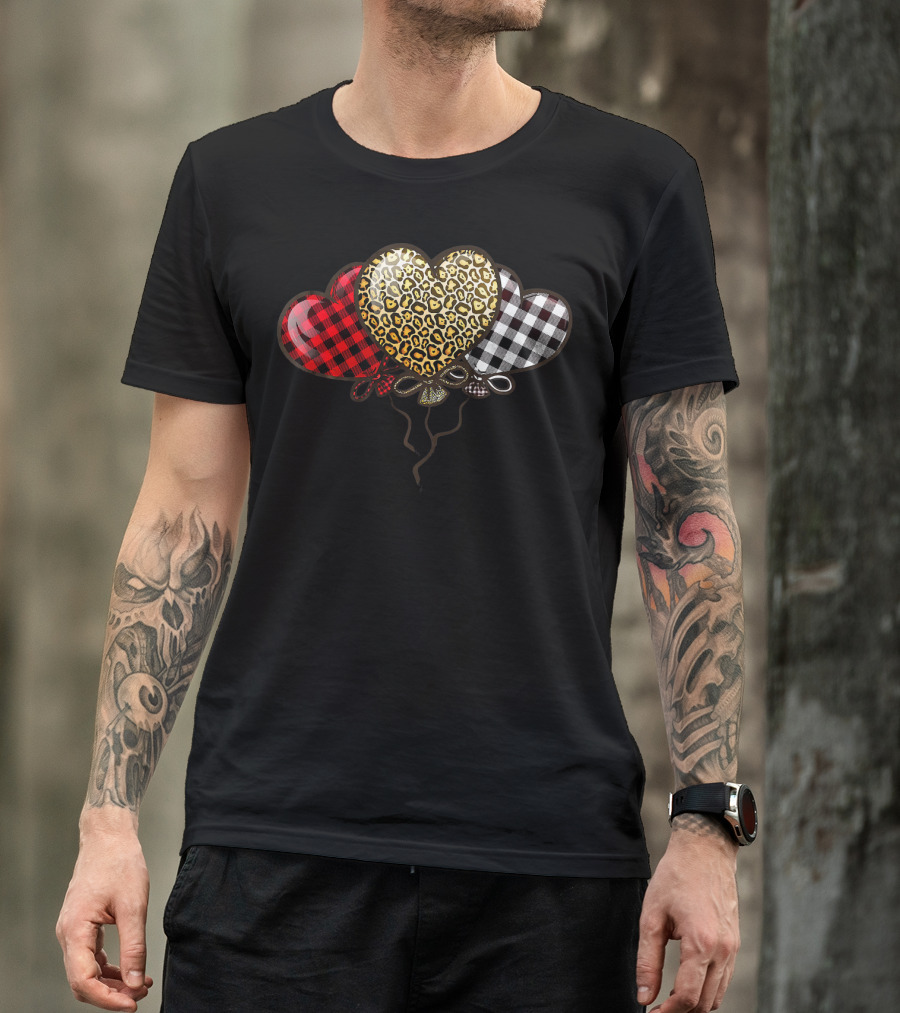 Three Balloons Hearts Buffalo Plaid Leopard T-Shirt