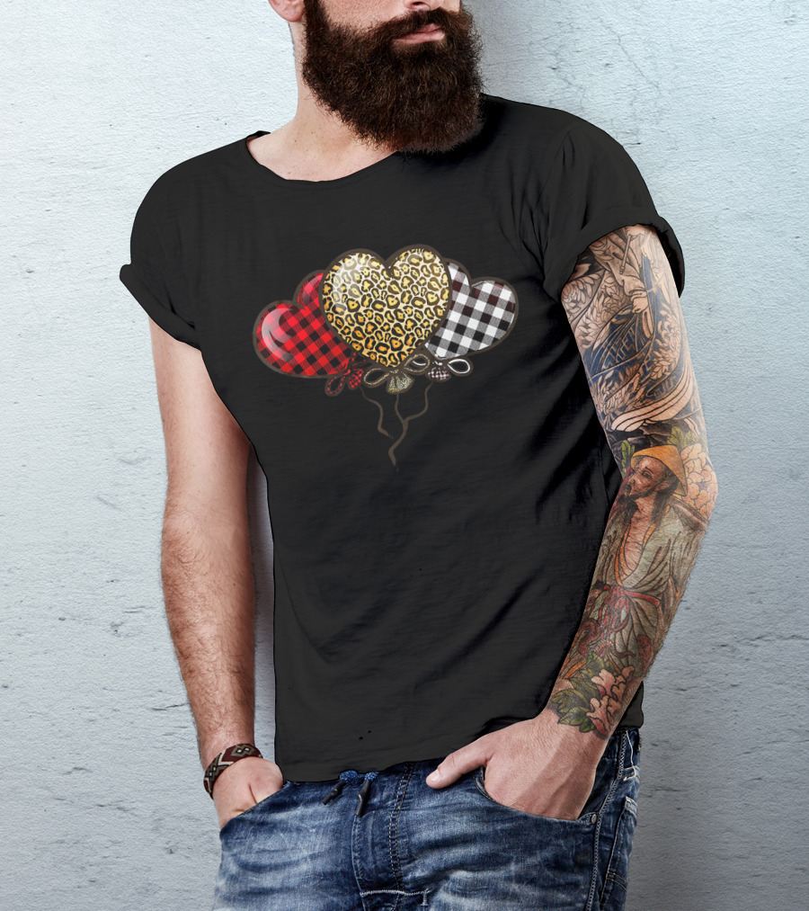 Three Balloons Hearts Buffalo Plaid Leopard T-Shirt